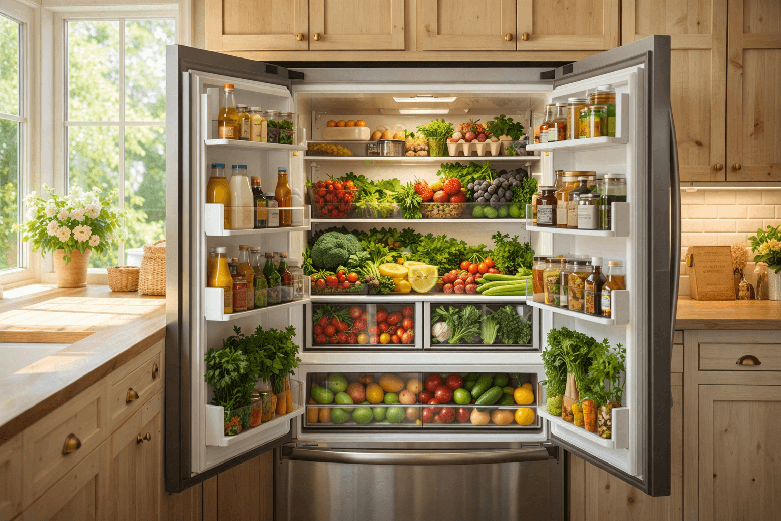 A full, abundant refrigerator with fresh ingredients